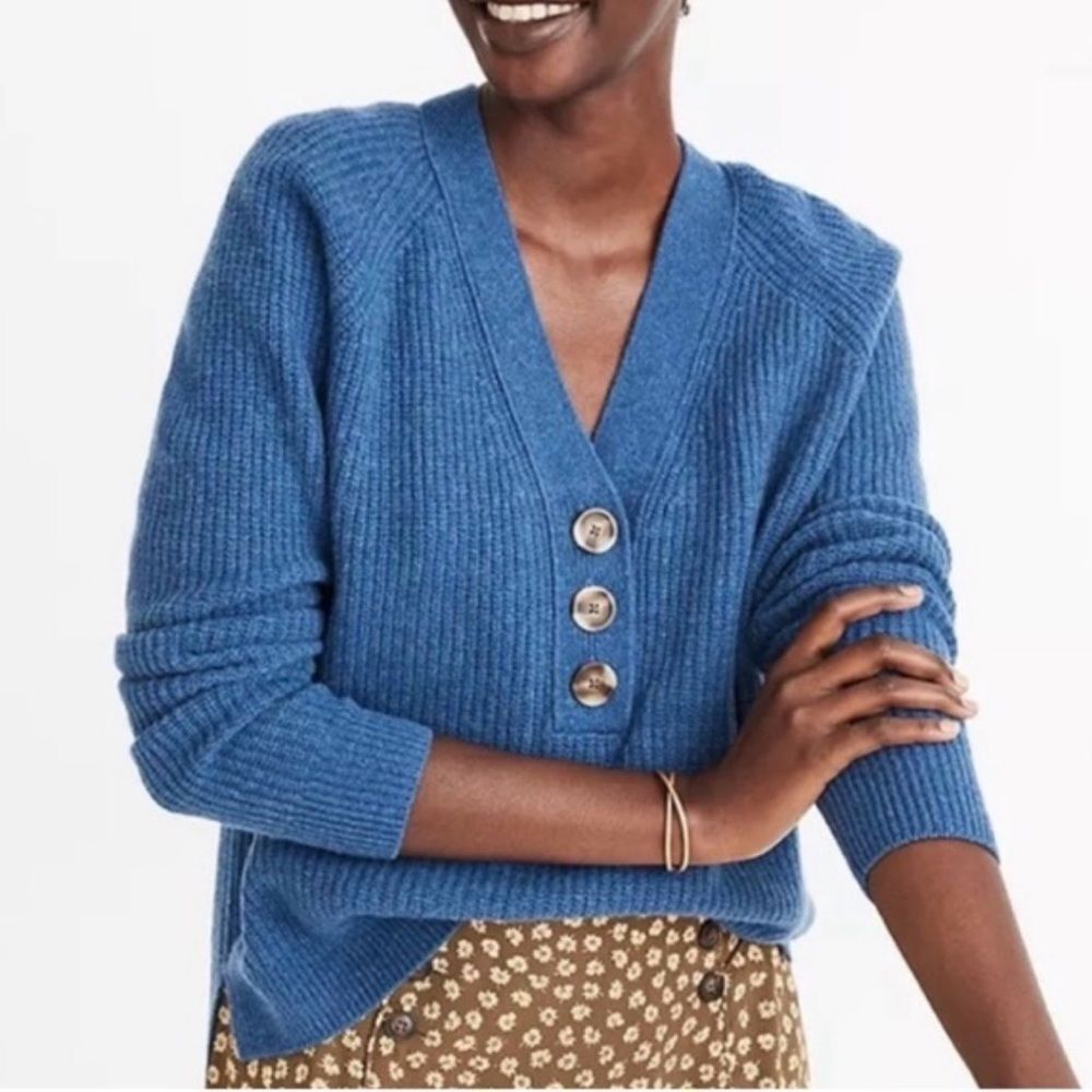 Madewell Blue V-Neck Button-Up Sweater